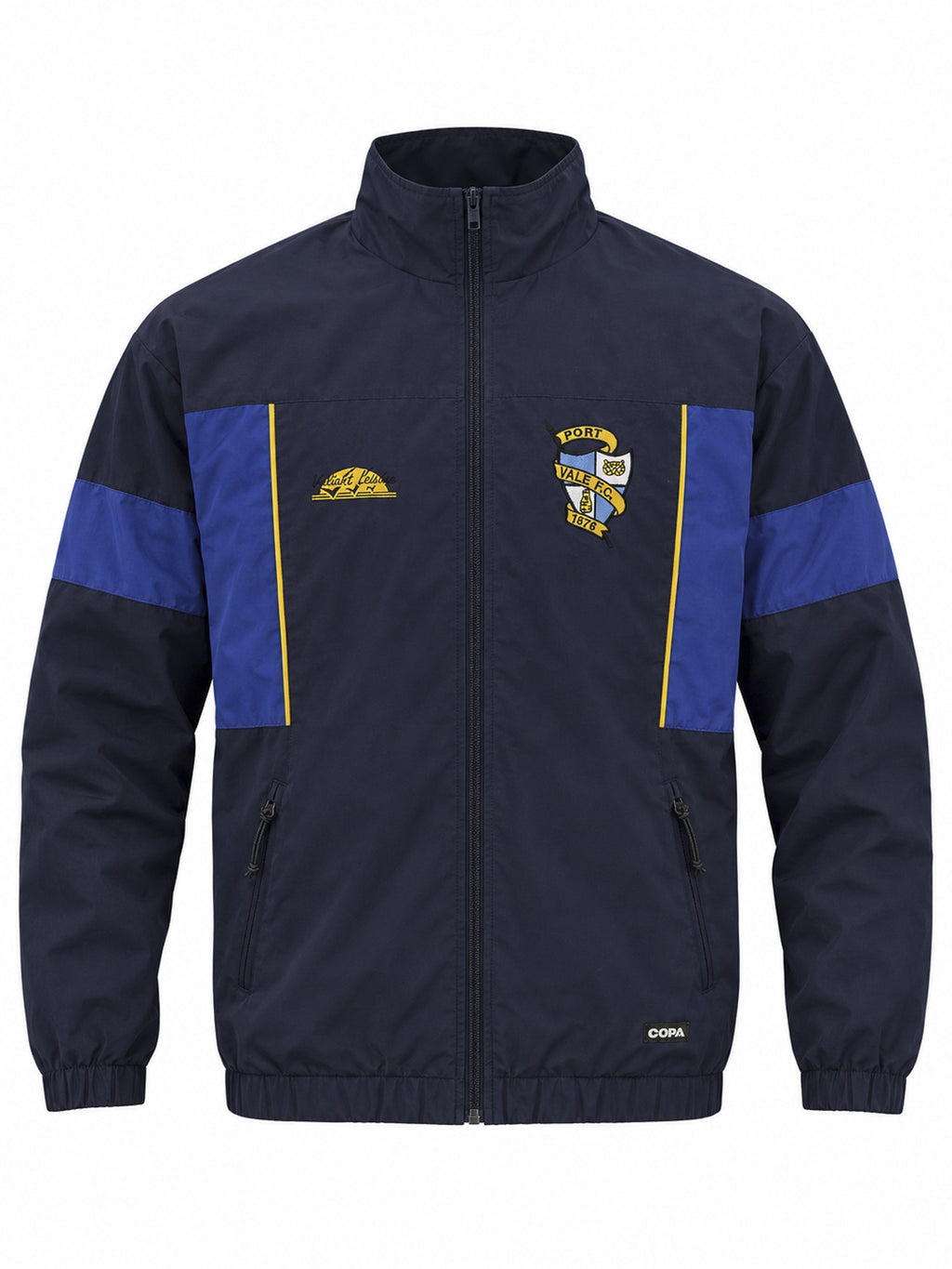 A navy blue zip-up jacket with royal blue color-blocked panels on the chest and sleeves, accented with thin yellow stripes. It features a high collar, front zipper, and two zippered hand pockets.
