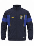 A navy blue zip-up jacket with royal blue color-blocked panels on the chest and sleeves, accented with thin yellow stripes. It features a high collar, front zipper, and two zippered hand pockets.