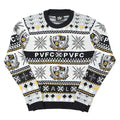 A long-sleeve crewneck sweater featuring a festive holiday pattern with the text 'PVFC' and 'PVFC WICKLOW' in the center, flanked by shield emblems and snowflake motifs in black, white, gray, and yellow.
