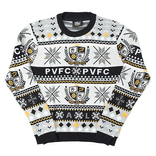 A long-sleeve crewneck sweater featuring a festive holiday pattern with the text 'PVFC' and 'PVFC WICKLOW' in the center, flanked by shield emblems and snowflake motifs in black, white, gray, and yellow.