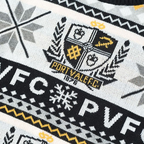 Close-up of a knitted sweater featuring the Port Vale F.C.