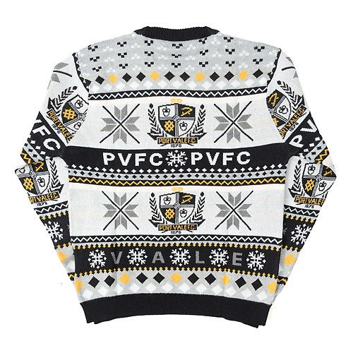 A long-sleeve crewneck sweater with a festive holiday pattern, featuring the text 'PVFC PVFC' and 'VALLANCE' with the PVFC crest in the center, in black, white, and yellow.
