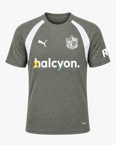 A dark gray athletic jersey with white shoulder panels, featuring the Puma logo, the club crest, and the 'halcyon.' sponsor text on the front.