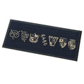 Black mat with gold logos and text on a white background