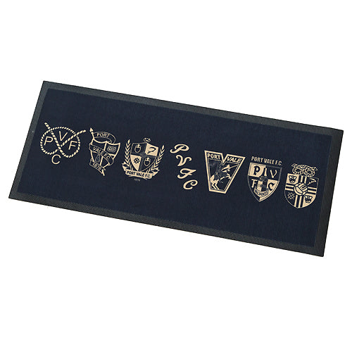 Black mat with gold logos and text on a white background