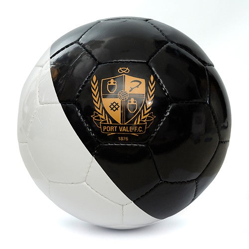 A black and white soccer ball featuring the gold Port Vale F.C.