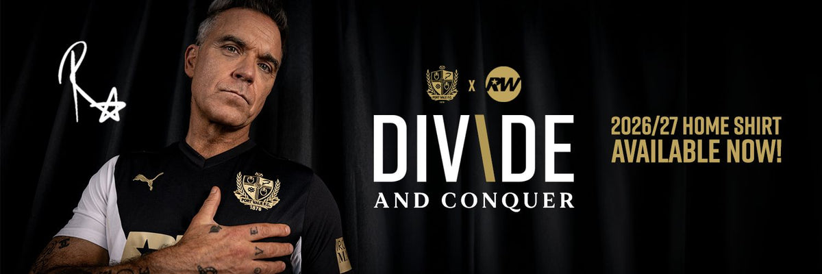 Promotional banner for a Puma home shirt featuring a man in a black and white jersey with gold Puma logos and team crest, set against a black curtain background with 'DIVIDE AND CONQUER' and '2026/27 HOME SHIRT AVAILABLE NOW!' text.