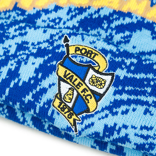 Close-up of a blue and yellow patterned fabric with Port Vale F.C. logo.