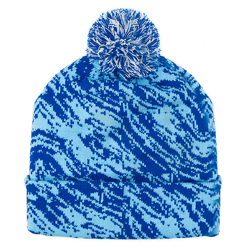 Blue patterned beanie with a pom-pom on a white background