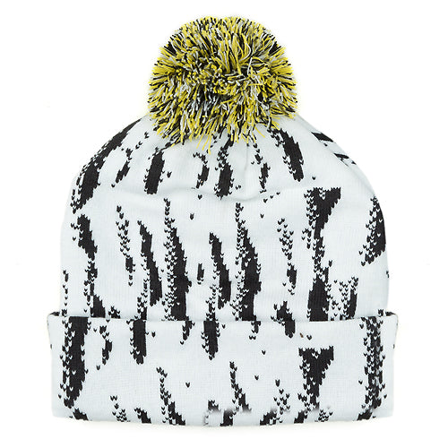 White beanie with black pattern and yellow pom-pom on a white background