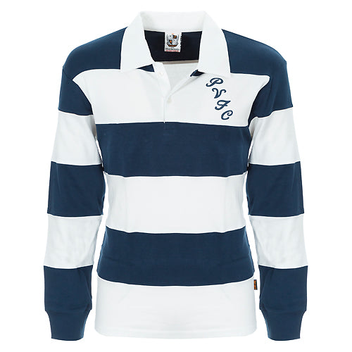 Navy and white striped rugby shirt with a logo on a white background