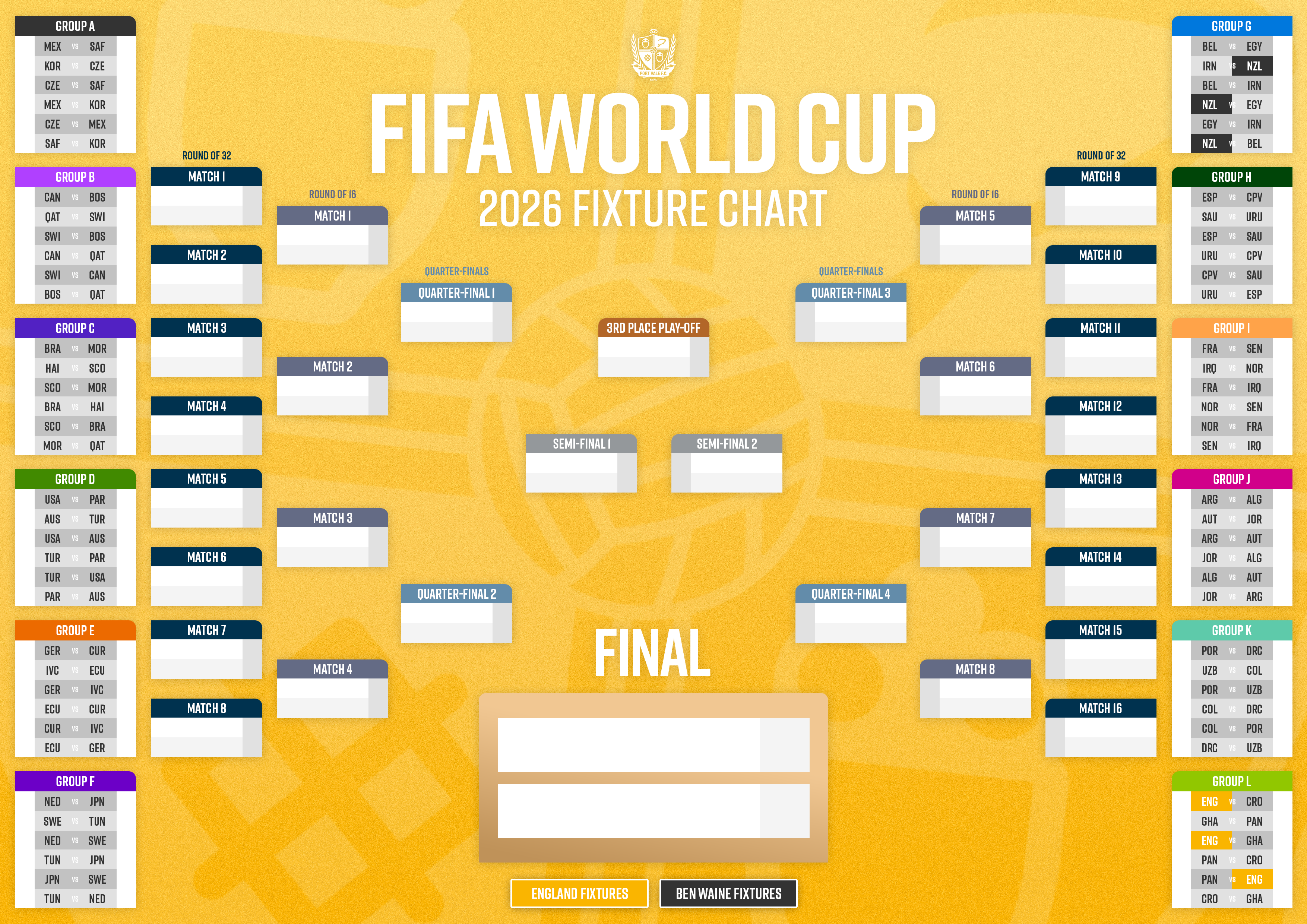 FIFA World Cup 2026 fixture chart on a yellow background